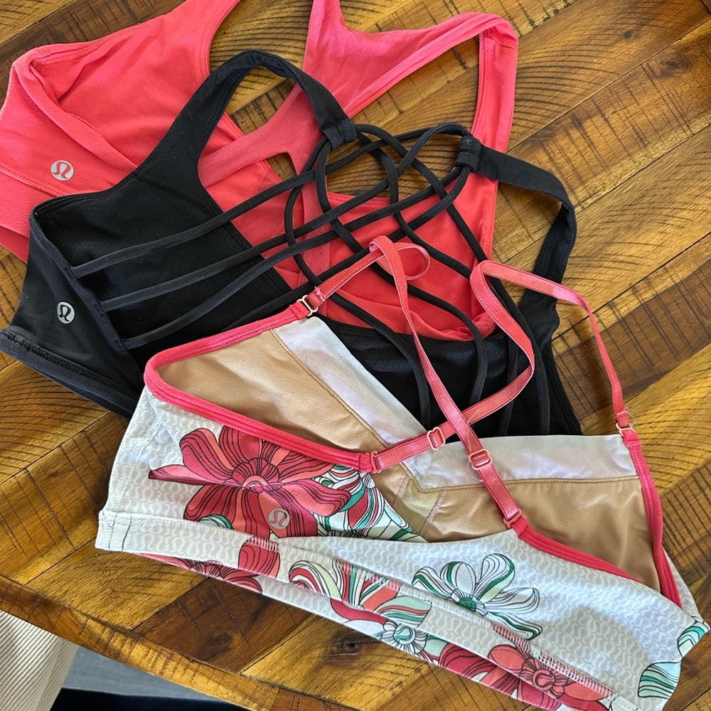 lululemon athletica Pink, Black & Floral Strappy Sports Bralette Set